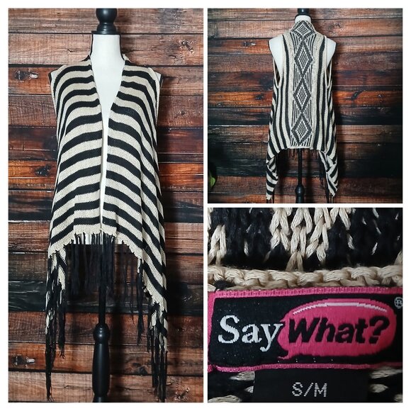 Say What? Sweater Vest Cardigan S/M Bohemian Fringe Open Front Striped Knit - Picture 1 of 9
